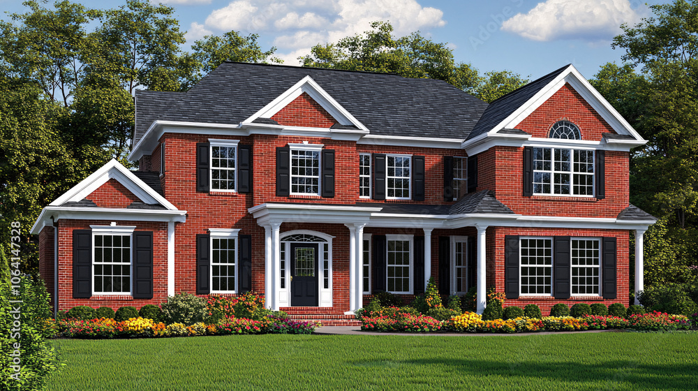 beautiful red brick suburban home with white columns and lush green lawn beautiful red brick suburban home with white columns and lush green lawn