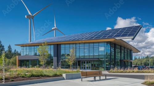 A large building with a wind turbine on top. The building has a lot of windows and is surrounded by a garden