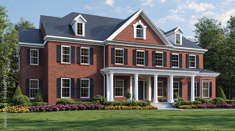 luxury red brick home with white columns and green grass lawn in suburbia luxury red brick home with white columns and green grass lawn in suburbia