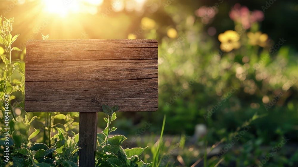 Fototapeta premium A wooden signpost with nature trail sign guiding hikers through lush greenery during a beautiful golden hour sunset.