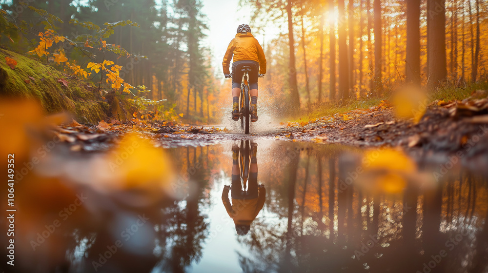 Fototapeta premium A cyclist rides through a forest path, their reflection shimmering in a puddle.