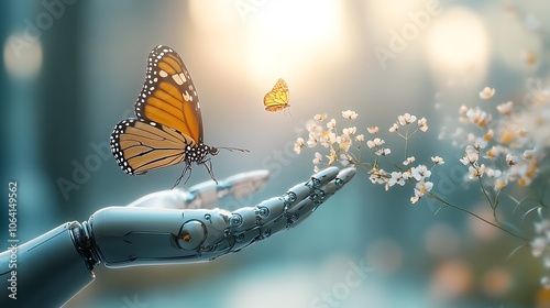 The robots metallic fingers gingerly caress the butterflys delicate wings as it hovers amidst a sea of blooming flowers, creating a magical and surreal scene. photo