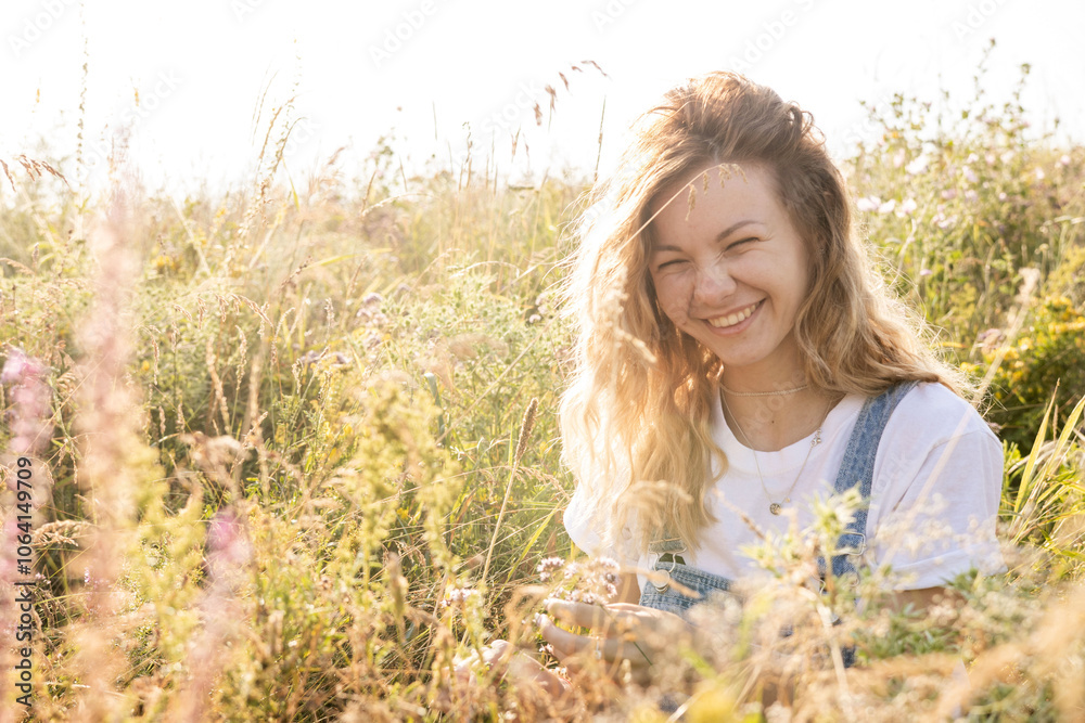 A young woman with a sincere smile enjoys a sunny day in a flower field. The image captures the essence of summer, freedom, and harmony with nature A young woman with a sincere smile enjoys a sunny day in a flower field. The image captures the essence of summer, freedom, and harmony with nature