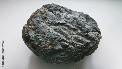 Dark metallic-hued rock with irregular texture, possibly meteorite sample