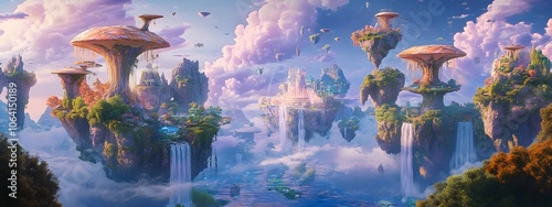 Surreal dreamscape with floating islands, cascading waterfalls suspended in mid-air, luminous blue and purple skies, ethereal light rays piercing through clouds, ancient ruins and giant mushrooms grow