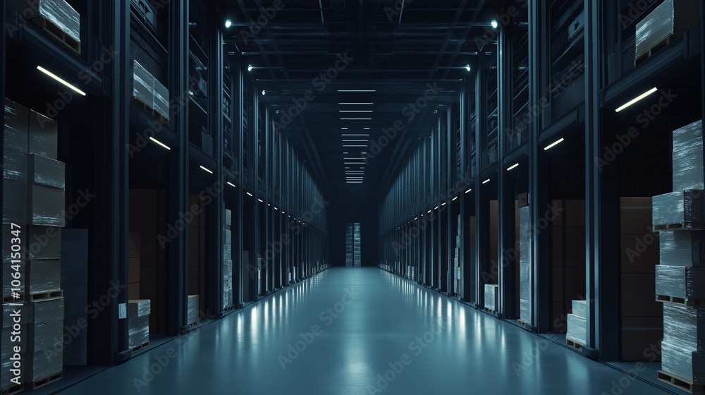 A long, narrow warehouse with rows of stacked boxes and bright lights. A long, narrow warehouse with rows of stacked boxes and bright lights.