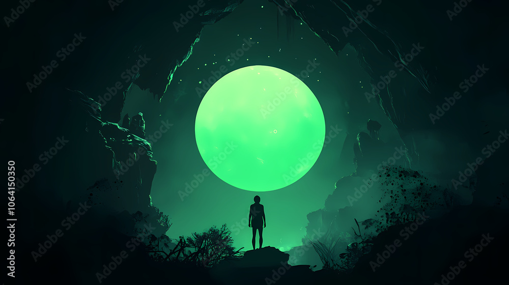 Silhouette of a person standing before a glowing green moon in a mystical cave. Mystical. Illustration Silhouette of a person standing before a glowing green moon in a mystical cave. Mystical. Illustration