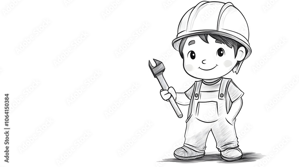 A friendly child construction worker wearing a helmet, holding a simple tool, black and white, bold outline, isolated on white background.