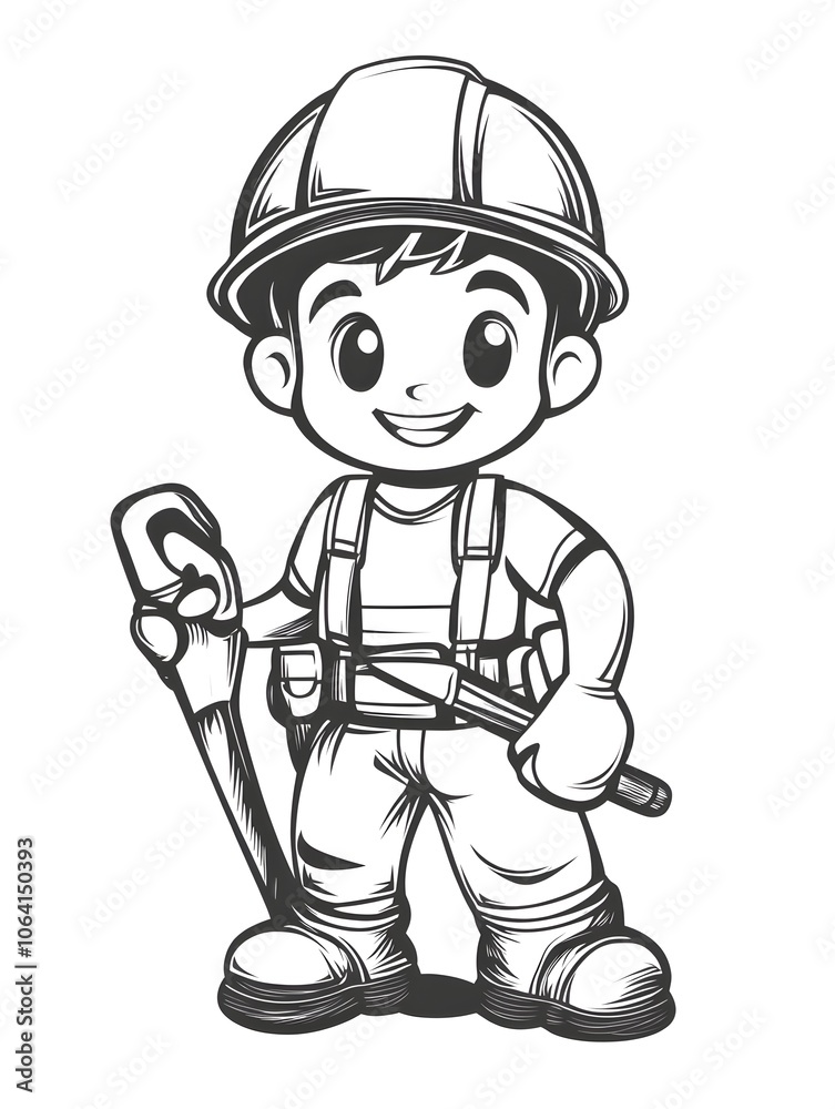 A friendly child construction worker wearing a helmet, holding a simple tool, black and white, bold outline, isolated on white background. A friendly child construction worker wearing a helmet, holding a simple tool, black and white, bold outline, isolated on white background.