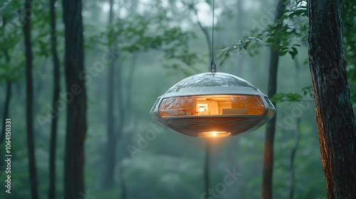 A futuristic scene unfolds in the dense forest as robots methodically build a traditional wooden shelter, harmoniously balancing technology with nature. photo