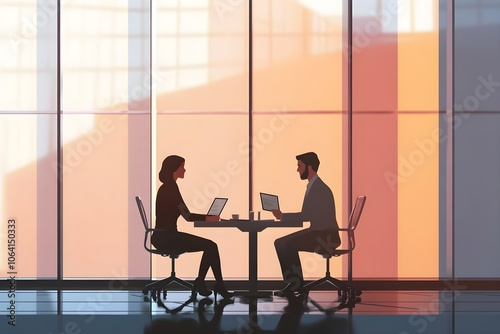 A formal interview scene with two people across from each other at a table, one holding a resume, in a well-lit, minimal office setting