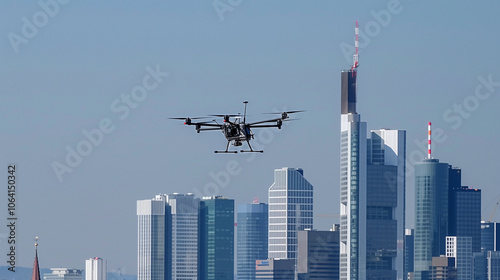 An electric air taxi with a round cockpit flies over a city skyline, enabling quick commutes across urban locations.