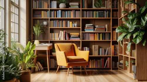 A cozy reading nook with a yellow armchair, a large bookshelf filled with books, and plants, bathed in warm sunlight.