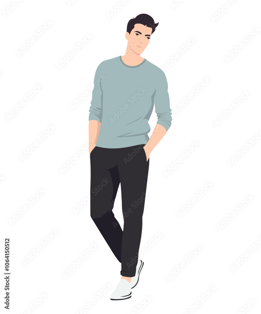 Vector illustration on a white background. A man in a dark blue T-shirt and black trousers, emphasizing his sportiness and active lifestyle. Vector illustration on a white background. A man in a dark blue T-shirt and black trousers, emphasizing his sportiness and active lifestyle.