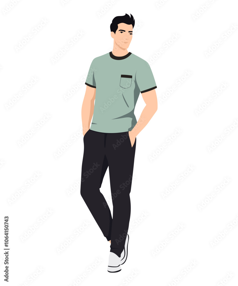 Vector illustration on a white background. A man in a light green T-shirt and dark trousers, embodying freshness and lightness. Ideal for everyday affairs and meetings. Vector illustration on a white background. A man in a light green T-shirt and dark trousers, embodying freshness and lightness. Ideal for everyday affairs and meetings.