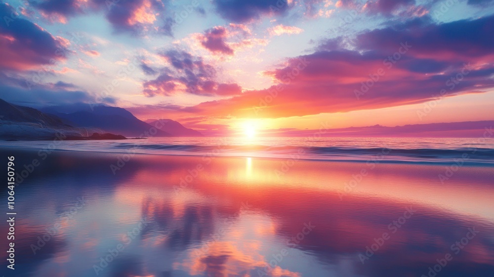 A stunning sunset over the ocean with the sun reflecting on the water and mountains in the background. A stunning sunset over the ocean with the sun reflecting on the water and mountains in the background.