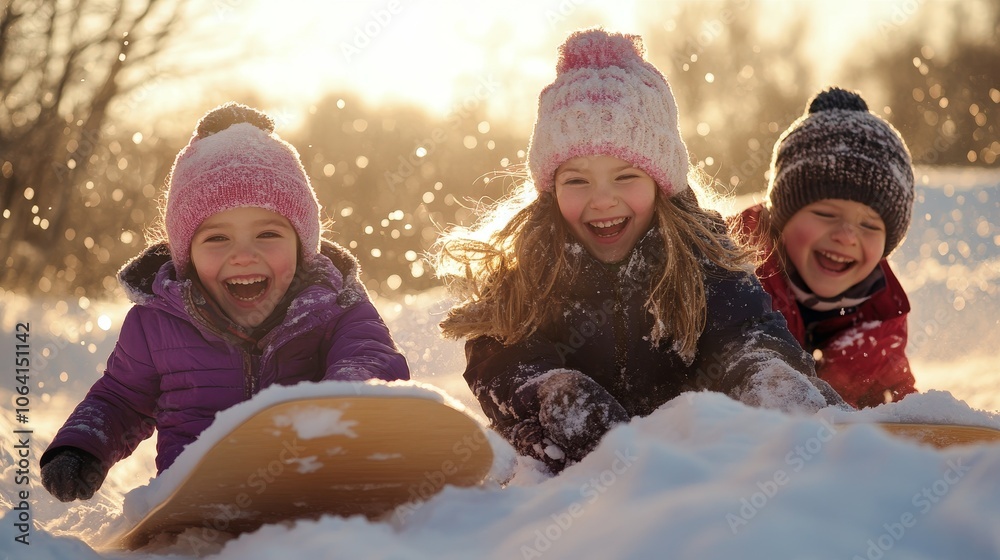 Children sledding in a snowy winter wonderland, playful scene, gentle light filtering through trees, action shot