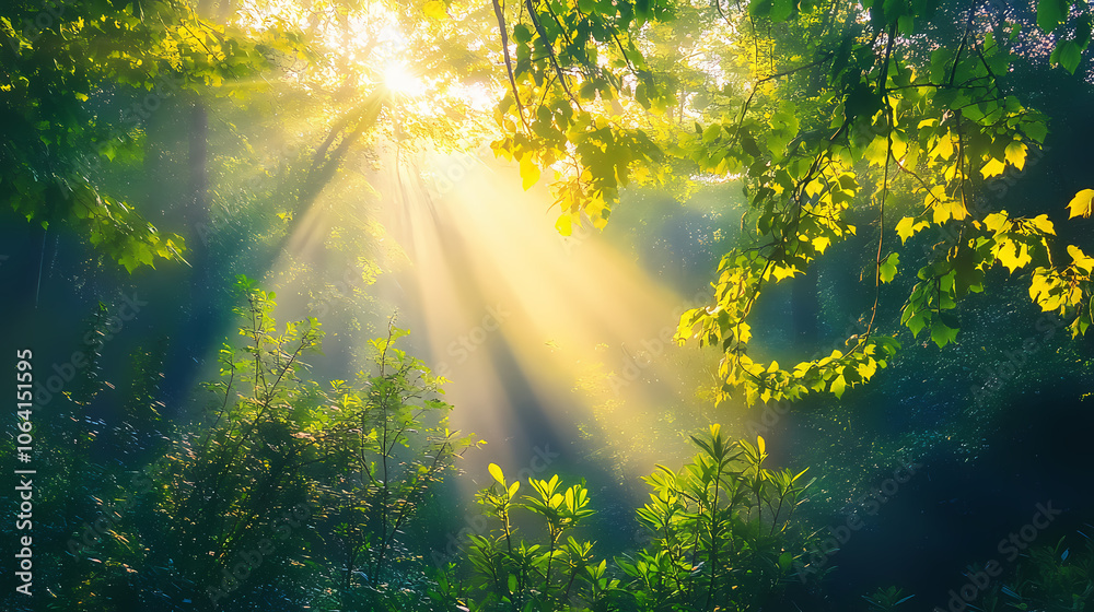 Whispering woods: serene panorama of a mystical forest with sun rays filtering through the canopy, creating a play of light and shadows amidst an array of vibrant foliage. Mystical. Illustration Whispering woods: serene panorama of a mystical forest with sun rays filtering through the canopy, creating a play of light and shadows amidst an array of vibrant foliage. Mystical. Illustration