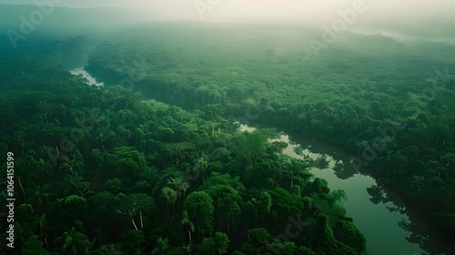 Aerial view of Amazon rainforest in Brazil, South America. Green forest. Bird's-eye view. 