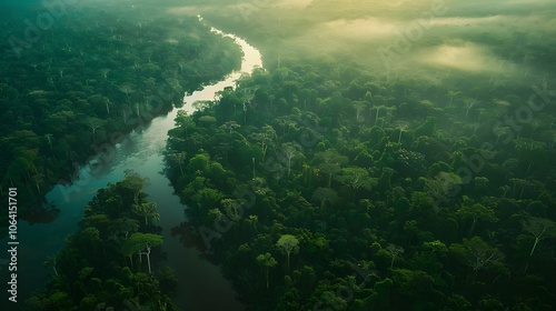 Aerial view of Amazon rainforest in Brazil, South America. Green forest. Bird's-eye view. 