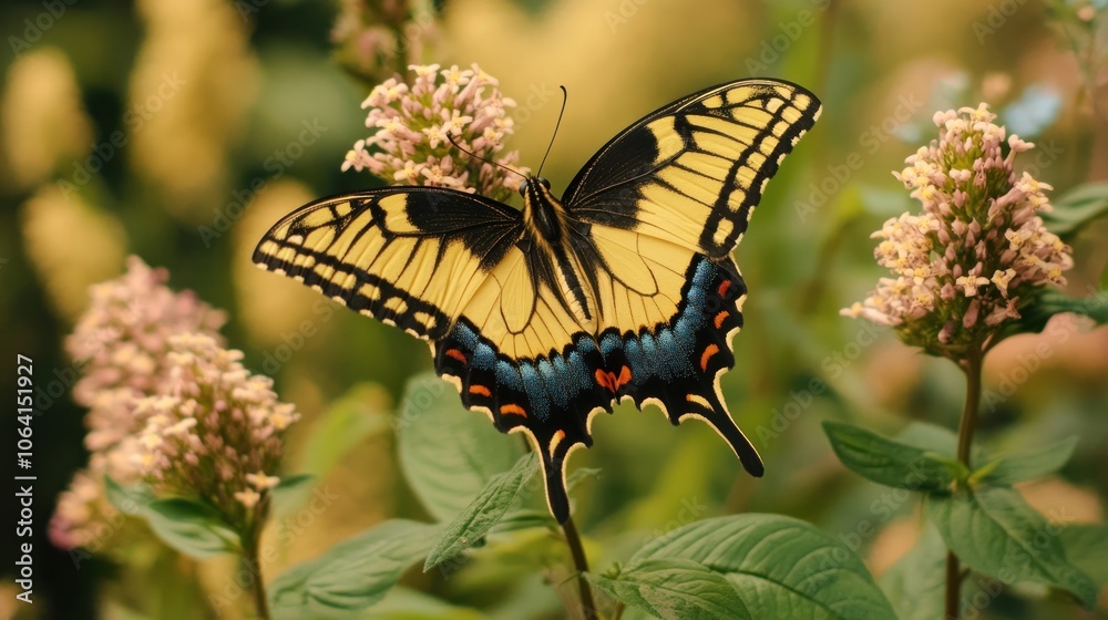 A yellow and black butterfly with blue and red markings is perched on a pink flower with green leaves. A yellow and black butterfly with blue and red markings is perched on a pink flower with green leaves.