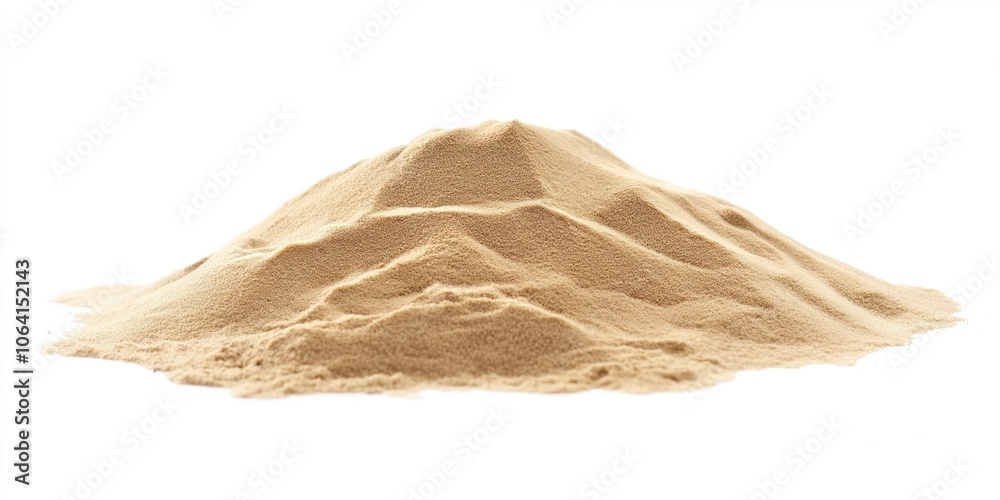 Close-up of light beige sand pyramid structure on white background. Granular texture, small grains, single focus. Pyramid shape, isolated element, natural substance, dry desert scene.