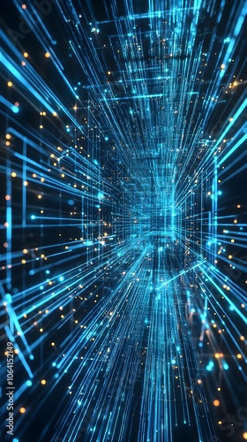 A high-tech background with abstract circuit lines and dots in neon blue on a dark background, resembling a futuristic digital interface.