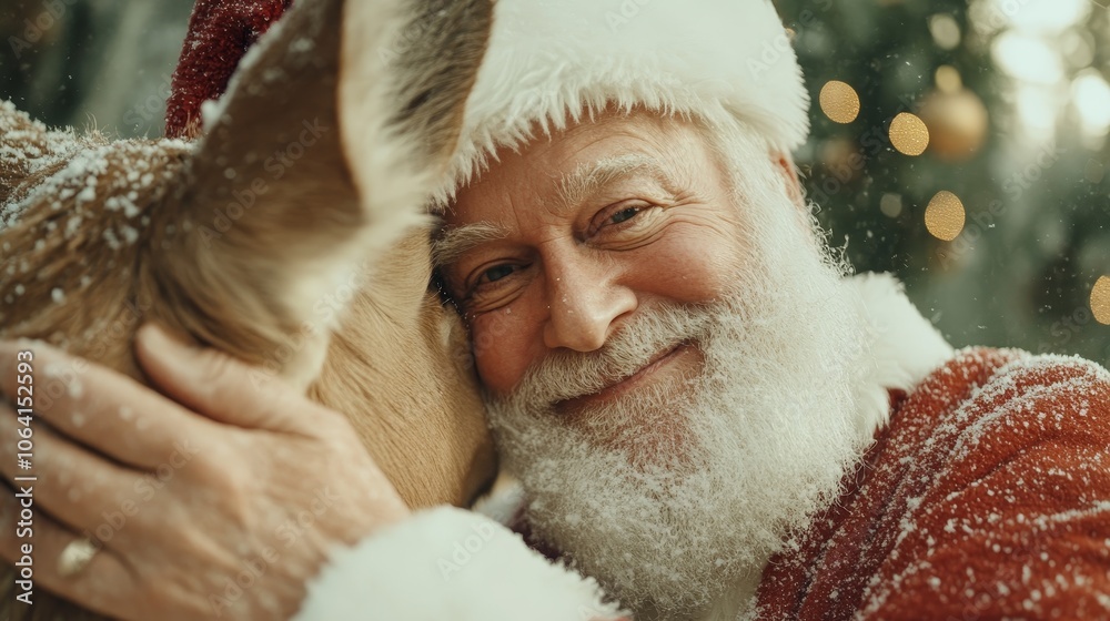 Reindeer with Santa Claus surrounded by holiday decorations, snow-dusted setting, festive warm lighting, cinematic shot