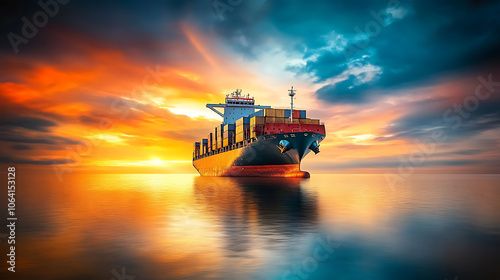 Cargo ship at sunset, vibrant sky, tranquil water, dramatic colors