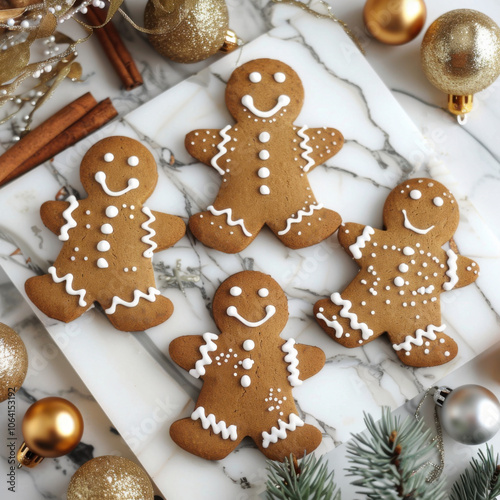 Gingerbreads with Christmas decoration. Rustic background. Close up.