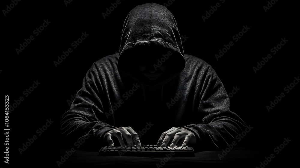Hooded figure typing on a keyboard, black background, digital security concept. Hooded figure typing on a keyboard, black background, digital security concept.