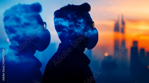 Man with a mask reflecting on cityscape under a colorful sunset. photo