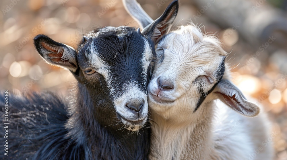 Two young goats nuzzle each other affectionately in a field. Two young goats nuzzle each other affectionately in a field.