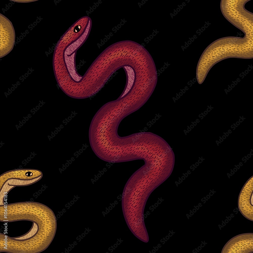 Fototapeta premium Big Red and Yellow Snake with Black Background Seamless Pattern Design