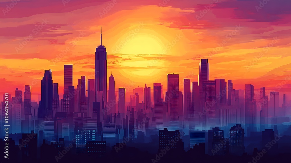A beautiful cityscape painting in a vibrant orange and blue color scheme A beautiful cityscape painting in a vibrant orange and blue color scheme