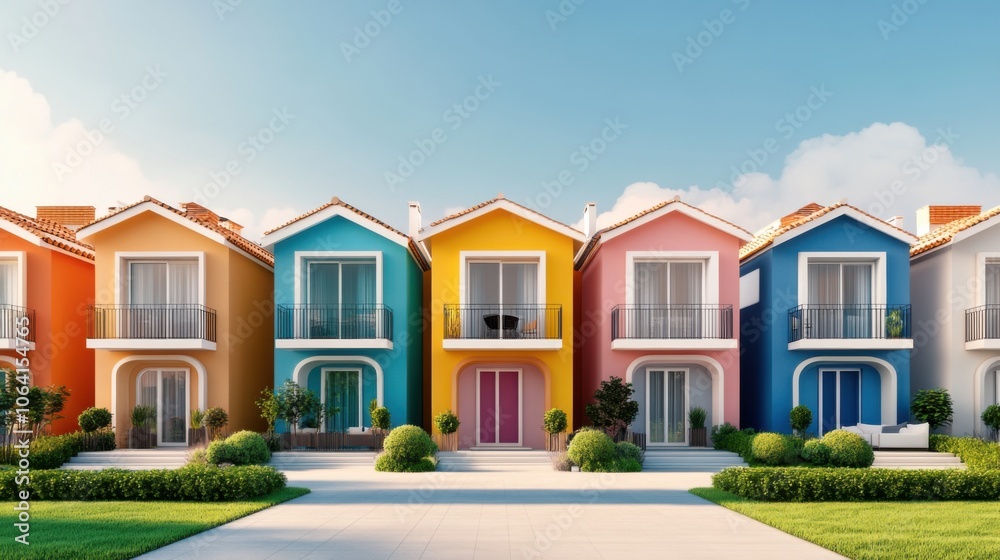 Bright Pastel Colored Houses in 3D Render Bright Pastel Colored Houses in 3D Render