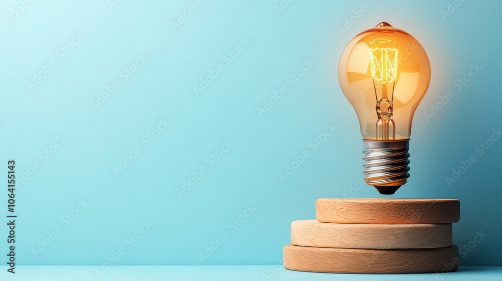 Creative Light Bulb on Wooden Base Against Blue Background Creative Light Bulb on Wooden Base Against Blue Background