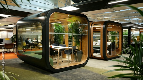 Modern Office Pods with Glass Walls and Plants