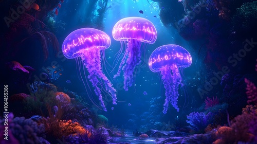 A surreal underwater forest with bioluminescent trees, glowing jellyfish floating between branches, deep blue and purple light