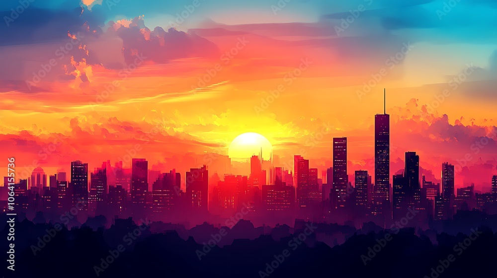 A beautiful cityscape painting in a vibrant orange and blue color scheme A beautiful cityscape painting in a vibrant orange and blue color scheme