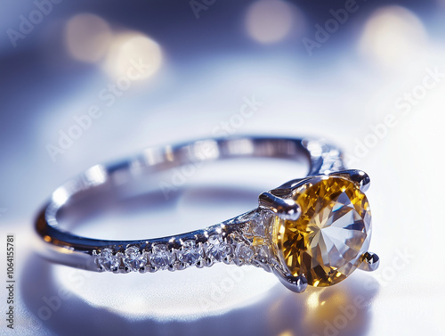 Gros plan d'une bague en or sertie de diamant et d'une grosse pierre jaune citrine : pierre fine sur fond blanc pour bijoux de mariage, alliance, bague de fiançailles, solitaire et joaillerie de luxe photo