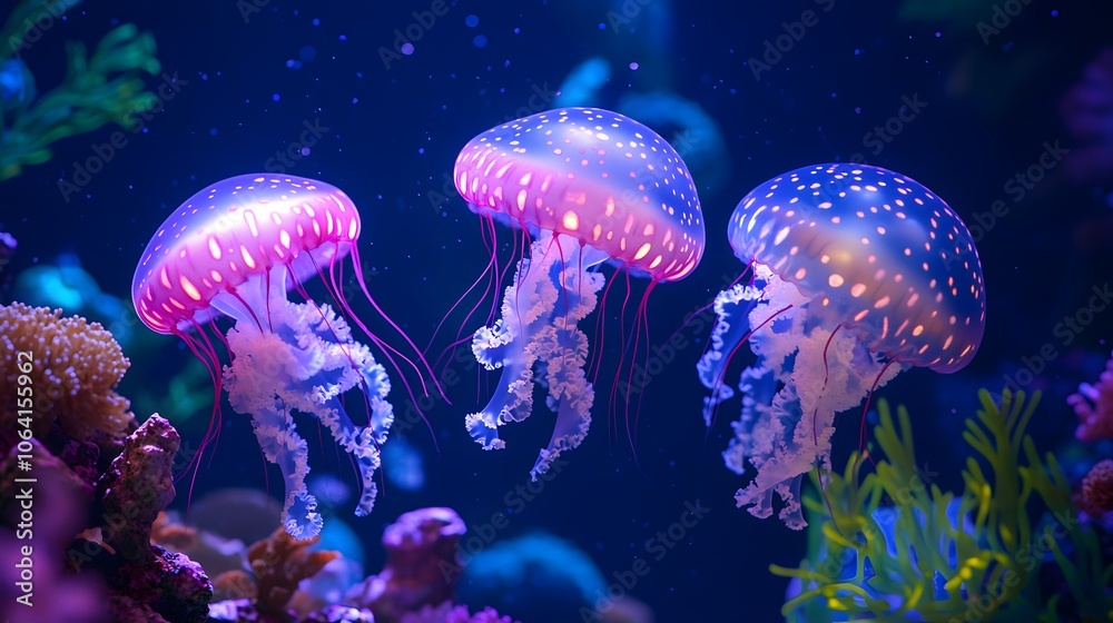 Fototapeta premium A surreal underwater forest with bioluminescent trees, glowing jellyfish floating between branches, deep blue and purple light