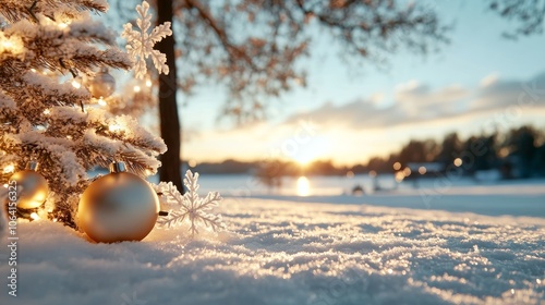 Snow-covered Christmas tree adorned with delicate ornaments and snowflakes, twilight sky in background, soft glow photo