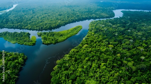 Aerial view of Amazon rainforest in Brazil, South America. Green forest. Bird's-eye view. 