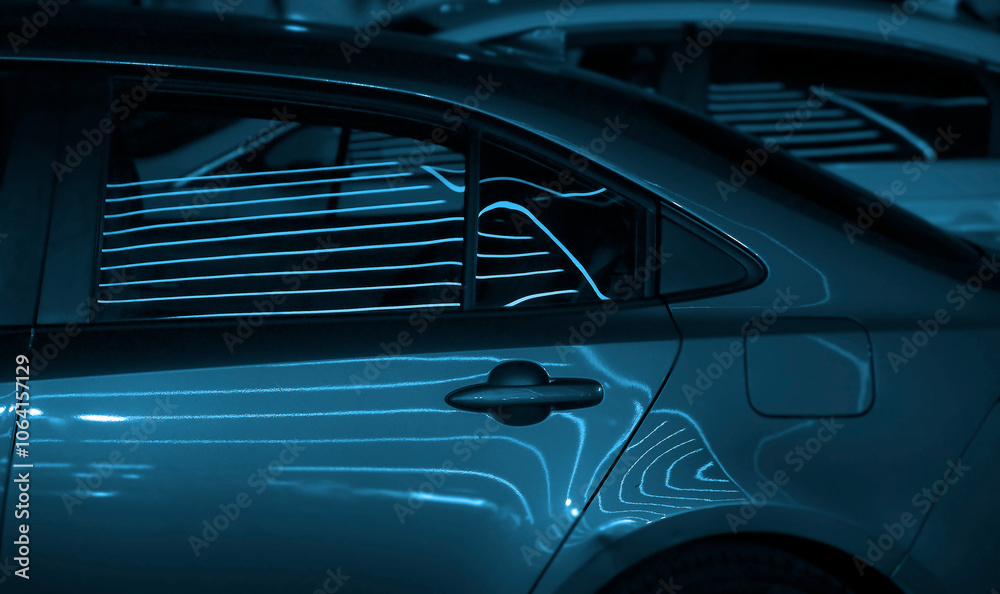 Reflection In Car Window Cityscape, neon light reflection in car window.side view. Road, car ...