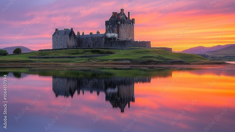 Majestic castle reflected in a serene lake at sunset. Majestic castle reflected in a serene lake at sunset.