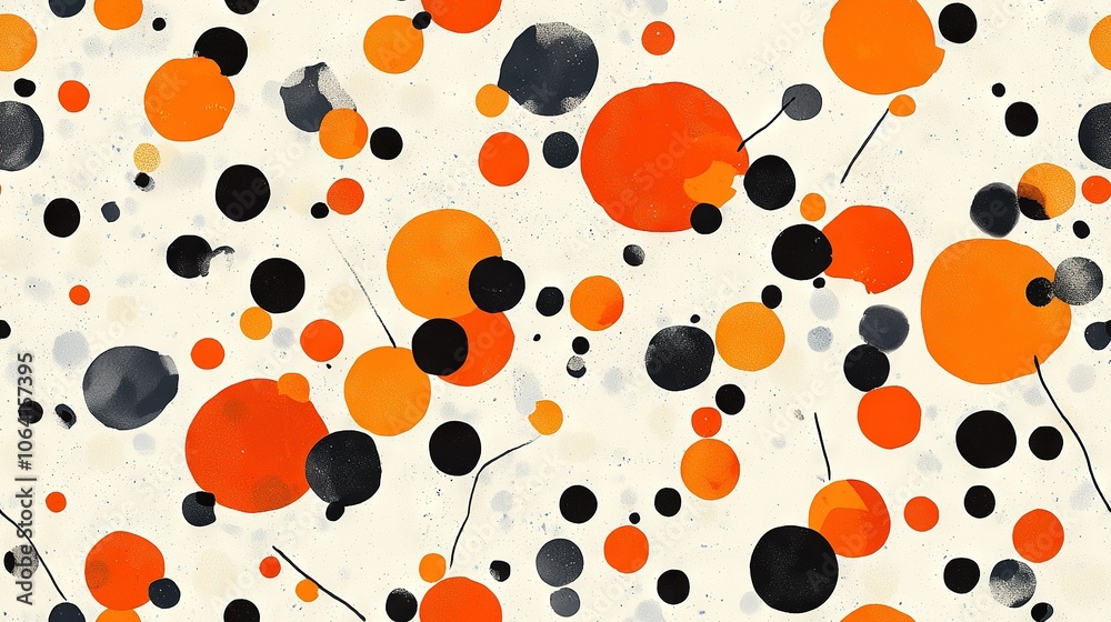 Abstract artwork showcases black, orange, white circles and dots against a solid white canvas Abstract artwork showcases black, orange, white circles and dots against a solid white canvas