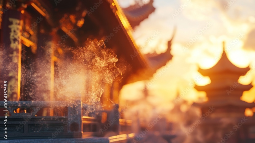 A temple with a burning incense stick, producing white smoke in the golden hour. A temple with a burning incense stick, producing white smoke in the golden hour.