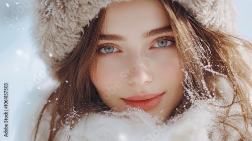 Stylish winter fashion with soft falling snow, festive holiday decor, bright but cozy atmosphere, portrait shot