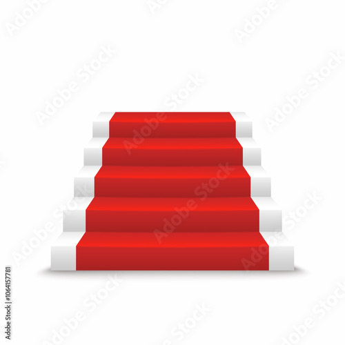 White stairs and red carpet on white background. Pedestal with red carpet.